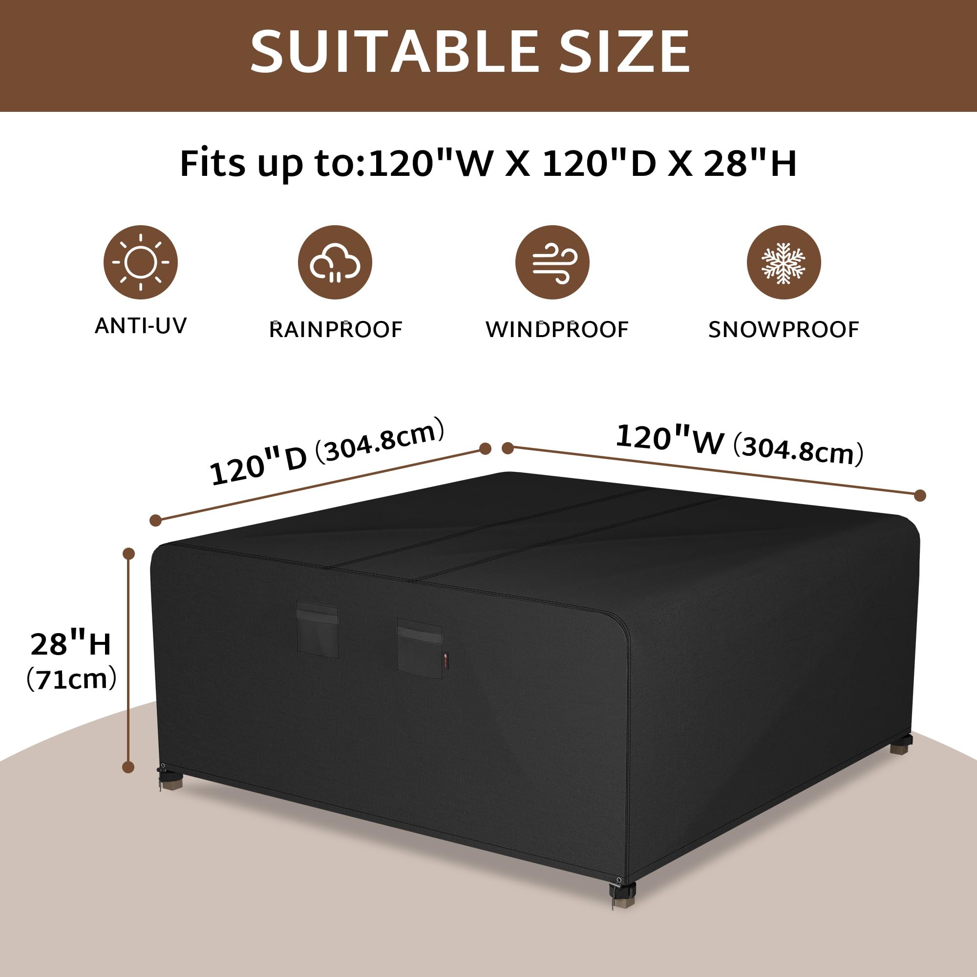 Ibirdie Outdoor Patio Furniture Set Covers 120 X 120 Inch Waterproof Weatherproof Square Cover, Heavy Duty 600D For Outside Dining Table And Chairs Fit 10 X 10 Ft, 118 X 118, 115 X 115 Inch